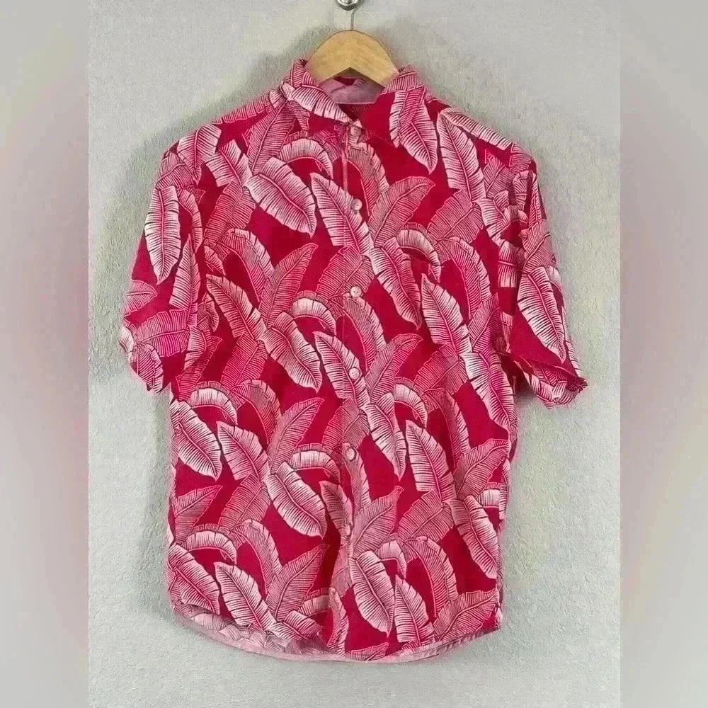 Tommy Bahama Grand Fronde Short Sleeve Silk Blend Button Up Shirt Pink Plume Sma - Picture 2 of 11